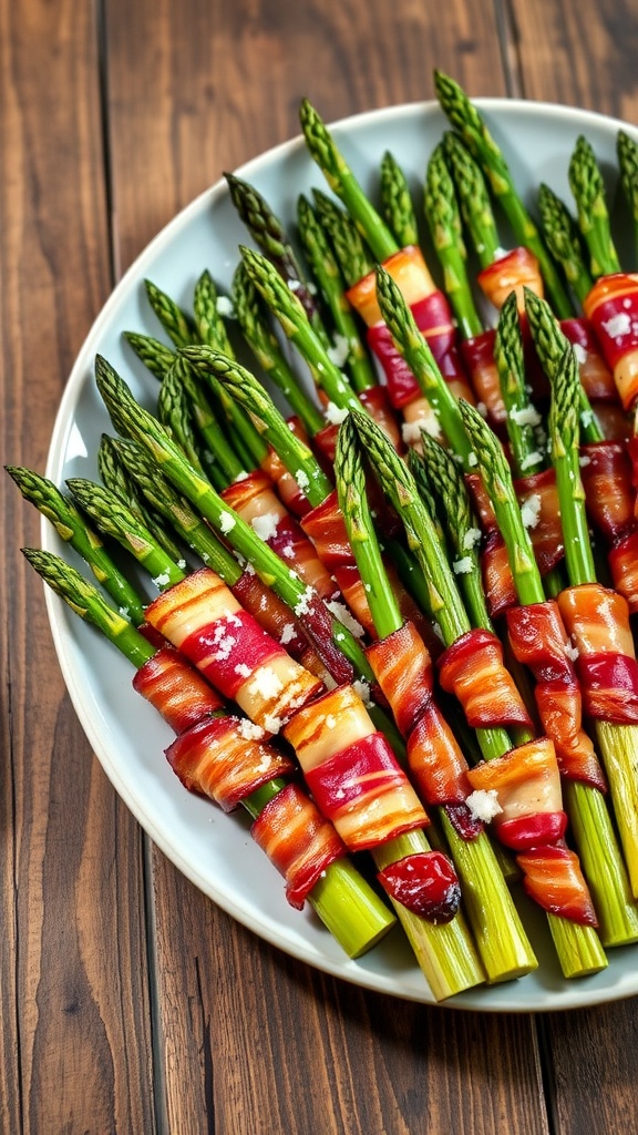 Crispy bacon-wrapped asparagus garnished with Parmesan cheese on a rustic platter.